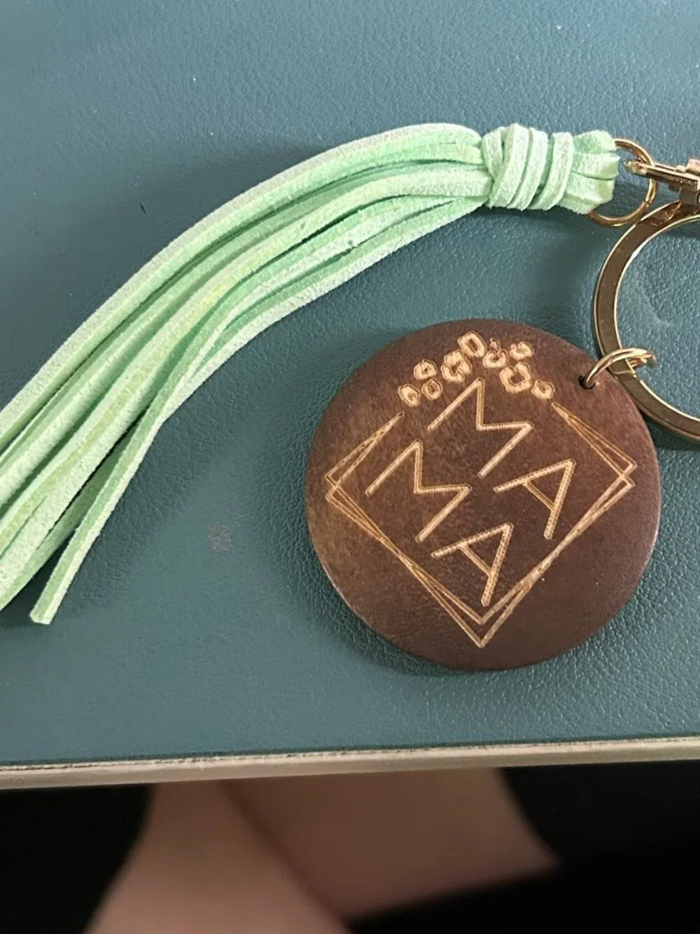Mama Wooden Disc Tassel Keychain Mint Green Beaded Bracelet Wristlet